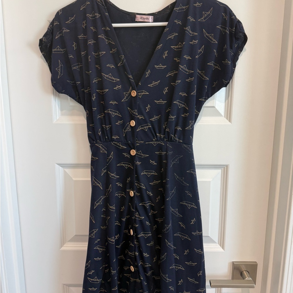 Navy Button-Front Paper Boat Print Dress